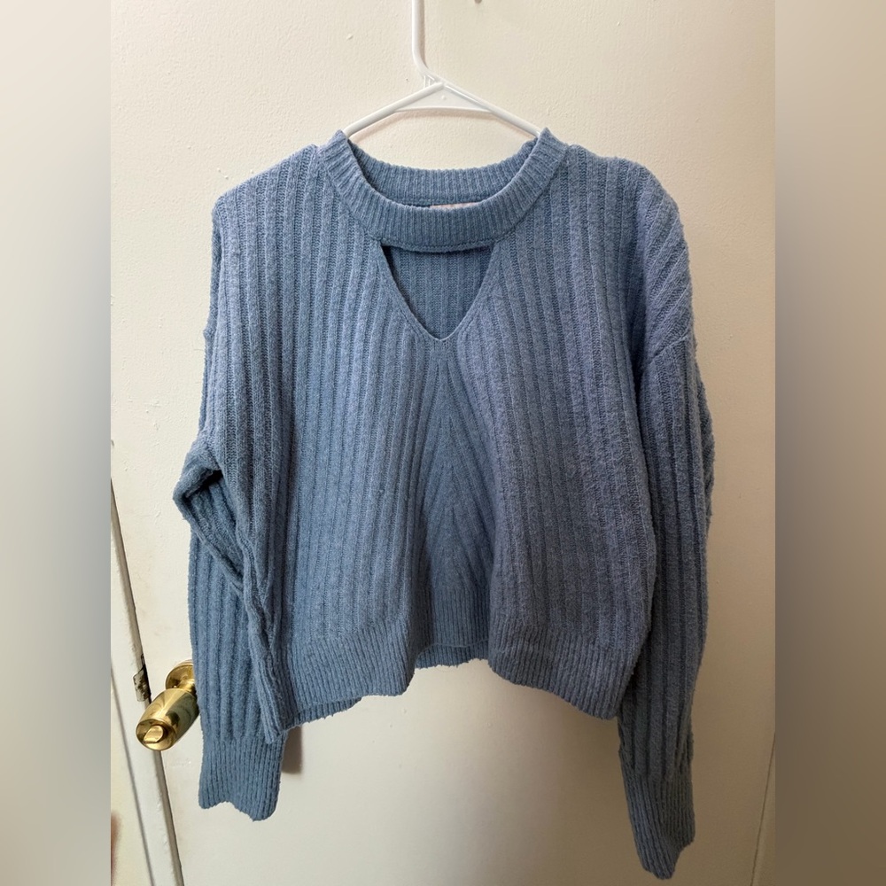 SO Dusty Blue Ribbed V-Neck Sweater